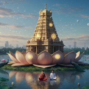 A serene, fantastical scene of the Kodandarama Temple in Bangalore, floating on a lotus-shaped island amidst a tranquil, shimmering lake. The temple's traditional Dravidian architecture is enhanced with golden accents and glowing mandalas. Soft, ethereal light bathes the scene, creating a dreamlike atmosphere. In the foreground, a young Indian couple in modern attire performs a peaceful meditation. Surrounding the temple are lush, vibrant gardens with oversized lotus flowers and peacocks. The Bangalore skyline is visible in the distance, contrasting the urban landscape with the spiritual oasis. The art style blends hyperrealism with surreal elements, using a palette of deep blues, soft golds, and pastel pinks. Glowing particles and subtle light rays emphasize the spiritual energy of the place.