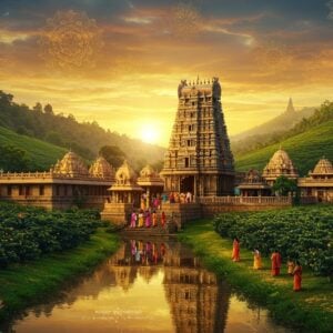 A serene Indian temple complex nestled in lush green hills, with a magnificent golden sunrise illuminating the scene. The main temple, adorned with intricate Dravidian architecture, stands prominently in the center. A flowing river in the foreground reflects the temple's image. Devotees in colorful traditional attire are seen entering the temple. Surrounding the complex are coffee plantations, symbolizing Chikmagalur's famous crops. Soft, glowing mandalas float in the sky, creating an ethereal atmosphere. The art style blends hyperrealistic digital painting with elements of Madhubani and Pattachitra, featuring rich colors like deep blue, saffron, and gold. Incorporate lotus flowers and peacocks as decorative elements. The overall scene exudes tranquility, spirituality, and cultural richness.