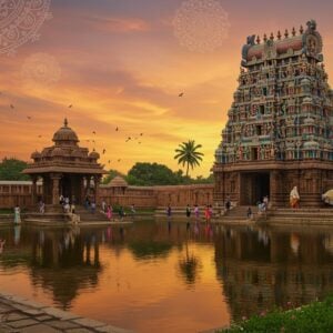 A majestic South Indian temple complex with intricate Dravidian architecture, set against a vibrant orange and pink sunset. The main gopuram of Kodandarama Temple rises prominently, adorned with detailed carvings and colorful statues of Hindu deities. In the foreground, a serene water tank reflects the temple's image. A group of diverse Indian travelers explore the temple premises - some taking photos, others admiring the sculptures. Lush greenery and palm trees surround the temple. The scene is rendered in a style blending traditional Madhubani patterns with modern digital art techniques, using rich colors like deep maroon, saffron, and peacock blue. Soft, ethereal lighting adds a spiritual ambiance, with subtle mandala patterns in the sky. The overall composition conveys both the historical significance and the contemporary appeal of the temple as a tourist destination.