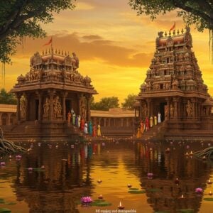 Prompt: A majestic, intricately carved Dravidian-style temple set against a vibrant Karnataka sunset. The temple's gopuram is adorned with ornate sculptures of Hindu deities, predominantly featuring Lord Rama with his bow (Kodanda). In the foreground, a serene reflecting pool mirrors the golden-hued sky and temple structure. Surrounding the temple are lush banyan trees with aerial roots, creating an ethereal atmosphere. A group of devotees in colorful traditional Indian attire are seen ascending the temple steps. Floating lotus flowers and diyas illuminate the water's surface, casting a warm glow. The scene is rendered in a style that blends hyperrealism with elements of Madhubani and Pattachitra art, featuring rich, deep colors like saffron, maroon, and peacock blue. Intricate patterns and motifs such as mandalas and spiritual symbols are subtly incorporated into the temple's architecture and surrounding landscape, creating a seamless fusion of ancient and modern aesthetics.