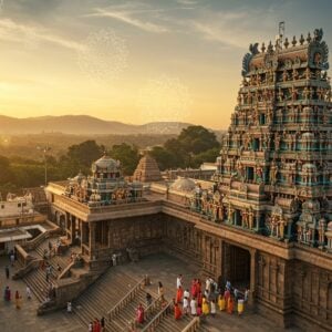 A majestic aerial view of the Kodandarama Temple in Tirupati at golden hour, with intricate Dravidian architecture bathed in warm sunlight. The temple's ornate gopuram towers above, adorned with colorful sculptures of Hindu deities. In the foreground, a group of pilgrims in traditional Indian attire ascend the temple steps. The surrounding landscape features lush greenery and distant hills, creating a serene atmosphere. Soft, glowing mandalas float in the sky, symbolizing divinity. The scene is rendered in a style blending hyperrealism with ethereal elements, using a rich color palette of deep gold, saffron, and peacock blue. Intricate Madhubani-inspired patterns adorn the temple walls, while a subtle digital overlay adds a modern touch to the overall composition.