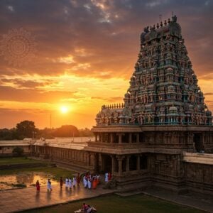 A breathtaking aerial view of the Kodandarama Temple in Vontimitta, showcasing its grand Dravidian architecture against a vibrant sunset sky. The temple's ornate gopuram towers majestically, adorned with intricate carvings and colorful sculptures of Hindu deities. In the foreground, a group of pilgrims in traditional Indian attire approach the temple, their silhouettes casting long shadows. The surrounding landscape features lush greenery and a serene water body reflecting the golden light. The scene is rendered in a style blending hyperrealism with the rich, deep colors of traditional Indian art. Soft, glowing mandala patterns subtly overlay the sky, adding a mystical atmosphere. The overall composition exudes a sense of spirituality, history, and architectural beauty, inviting viewers to explore this magnificent temple.