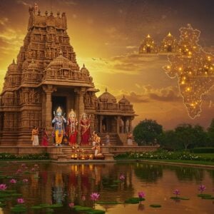 A majestic Kodandarama temple in South Indian architectural style, illuminated by golden sunlight at dawn. The ornate gopuram towers over lush green surroundings, adorned with intricate carvings of deities and mythological scenes. In the foreground, a serene pond reflects the temple's image, surrounded by blooming lotus flowers. Lord Rama, Sita, and Lakshmana stand in the temple's entrance, their figures glowing with a soft, divine light. Devotees in colorful traditional attire offer prayers and perform rituals. The scene blends Madhubani and digital art styles, with rich, deep colors of saffron, maroon, and peacock blue. Intricate mandala patterns float in the air, creating a mystical atmosphere. A subtle map of India in the background highlights various Kodandarama temples across the country with glowing dots. The overall image exudes a sense of spiritual journey, architectural beauty, and cultural richness.