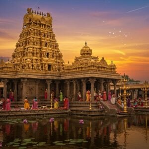 A majestic Dravidian-style temple with intricate golden gopuram rising against a vibrant sunset sky. In the foreground, a serene lotus pond reflects the temple's grandeur. Devotees in colorful traditional attire perform puja rituals near the entrance. A glowing, ethereal aura surrounds the main shrine, emphasizing its spiritual significance. Delicate flower garlands and oil lamps adorn the temple's pillars. Soft, warm lighting illuminates the scene, creating a welcoming atmosphere. The art style blends photorealistic details with subtle, dreamlike elements, incorporating both Madhubani patterns and modern digital techniques. Rich colors of saffron, deep blue, and gold dominate the palette, with touches of soft pastels in the sky.