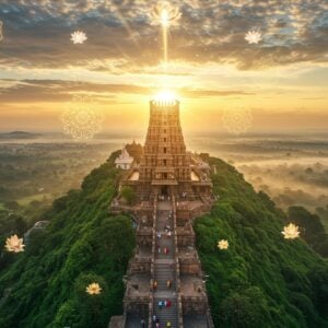 A majestic aerial view of Kotappakonda hill, bathed in golden sunlight at dawn. The ancient Trikoteswara Swamy temple crowns the hilltop, its ornate gopuram gleaming. Winding stone steps lead up the hill, dotted with colorful pilgrims in traditional attire. The lush green landscape stretches below, with the Gundlakamma river visible in the distance. Hovering ethereal mandalas and lotus flowers frame the scene, while glowing threads of divine energy connect the temple to the sky. The art style blends photorealistic detail with surreal, luminous elements, creating a dreamlike quality. Soft, misty clouds add depth and mystery to the composition. The overall palette features rich golds, deep greens, and celestial blues, emphasizing the spiritual aura of the site.