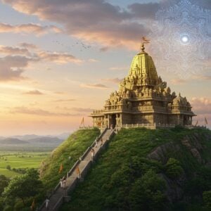 A majestic ancient Indian temple perched atop a lush green hill, its golden spire gleaming in the warm sunlight. The temple's intricate architecture features ornate carvings of deities and mythological scenes, blending Dravidian and Nagara styles. In the foreground, a winding stone staircase leads up to the temple, lined with colorful flags and devotees in traditional attire. The sky is a serene blend of soft blues and pinks, with a few wispy clouds. Surrounding the hill are verdant fields and distant mountains, creating a picturesque landscape. A large, glowing mandala hovers ethereally behind the temple, symbolizing its spiritual significance. The scene is rendered in a style that combines hyperrealism with touches of fantasy, emphasizing rich, deep colors like gold, saffron, and peacock blue. Intricate patterns and cultural motifs are subtly woven throughout the image, creating a seamless blend of traditional and modern aesthetics.