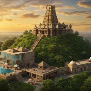 A majestic aerial view of Kotappakonda Temple atop a lush green hill, bathed in golden sunset light. In the foreground, a modern, luxurious hotel with a glass facade reflects the temple's image. The scene is dotted with amenities: a serene swimming pool, a spa with traditional Indian motifs, and a restaurant serving authentic cuisine. Pilgrims in colorful attire ascend the hill via a well-maintained pathway. The sky features wispy clouds in shades of orange and pink. The art style blends hyperrealism with touches of Madhubani patterns in the vegetation and building decorations. Soft, glowing halos surround the temple and key amenities, creating a spiritual ambiance. The overall composition balances the ancient temple's grandeur with modern comforts, inviting viewers to explore both the spiritual and material aspects of their journey.