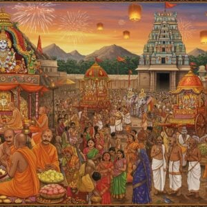 A bustling Indian festival scene at the foot of Kotappakonda hill, with a grand, ornate temple adorned with colorful flags and garlands atop. In the foreground, a diverse crowd of devotees in vibrant traditional attire performing rituals. To the left, a group of priests in saffron robes conduct a grand puja with elaborate offerings and incense. On the right, rows of stalls selling traditional sweets, flowers, and religious items. In the center, a procession of richly decorated elephants and chariots carrying deities. The sky is filled with floating lanterns and fireworks, casting a warm glow over the scene. The art style blends Madhubani patterns in the clothing and decorations with modern digital rendering techniques, using a palette of deep reds, golds, and peacock blues. Incorporate intricate mandalas and lotus motifs in the temple architecture and decorations. The overall atmosphere is one of joyous celebration and deep spiritual reverence.