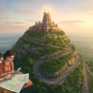 A serene aerial view of Kotappakonda Hill at sunrise, with the ancient temple complex glowing in golden light atop the lush green hill. A winding road spirals up the hill, dotted with colorful pilgrims and vehicles. In the foreground, a young Indian couple in modern attire consult a smartphone map, surrounded by travel essentials. The sky features soft pastel hues with intricate mandala patterns. The scene blends photorealistic elements with stylized Madhubani-inspired details in the vegetation and rock formations. Ethereal light beams emanate from the temple, creating a mystical atmosphere. The overall composition conveys a sense of adventure, spirituality, and natural beauty.