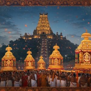 Prompt: A grand, illuminated temple atop Kotappakonda hill at dusk, its silhouette glowing against a deep blue sky. In the foreground, a vibrant procession of devotees carrying ornate, golden 'Prabhalu' (tower-like structures) adorned with colorful lights and flowers. The Prabhalu cast a warm, magical glow on the faces of the diverse crowd, dressed in traditional Indian attire. Intricate Madhubani-style patterns frame the scene, featuring motifs of the sun god and nature elements. The atmosphere is filled with swirling incense smoke and floating marigold petals. Contemporary digital art style with rich, deep colors of gold, saffron, and peacock blue, blending traditional and modern aesthetics. The overall scene exudes a sense of joyous celebration and spiritual devotion.