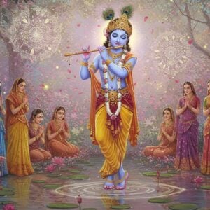 A luminous, ethereal Krishna playing his flute in a lush, enchanted garden. His skin is a deep, celestial blue, adorned with intricate golden patterns. He wears a vibrant peacock feather crown and shimmering yellow dhoti. Surrounding him are radiant devotees in colorful Indian attire, their faces aglow with love and devotion. Soft, glowing mandalas float in the air, pulsating with divine energy. In the foreground, a serene lotus pond reflects the scene, its surface rippling with gentle music notes. The background features a dreamy blend of pastel pinks and blues, with delicate, swirling patterns reminiscent of Madhubani art. Glowing fireflies and falling flower petals add a magical atmosphere. The overall style combines hyperrealism with surreal, spiritual elements, creating a captivating and modern interpretation of Krishna's divine presence.