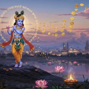 A serene Indian landscape at twilight, with a young, blue-skinned Krishna playing his flute on a hilltop. He's adorned in golden ornaments and a peacock feather crown, emitting a soft, divine glow. Surrounding him are swirling, ethereal patterns of Sanskrit mantras in shimmering gold. Lotus flowers float in a nearby pond, each petal inscribed with tiny prosperity symbols. In the background, a modern Indian cityscape blends seamlessly with traditional architecture, symbolizing harmony between past and present. Soft, pastel-colored clouds form abstract shapes of coins and abundance symbols. A gentle aura of peace radiates from Krishna, touching everything in the scene. The art style combines hyperrealistic details with dreamy, surreal elements, creating a captivating digital illustration that merges traditional Indian motifs with contemporary aesthetics.