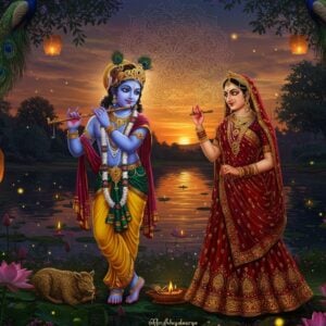 A mesmerizing scene depicting Krishna and Radha in divine union, set in a lush Vrindavan garden at twilight. Krishna, with azure skin and adorned in golden ornaments, plays his enchanting flute. Radha, resplendent in a rich red and gold embroidered saree, gazes at him adoringly. Their figures are surrounded by a soft, ethereal glow. Peacock feathers frame the image, interwoven with blooming lotus flowers. In the background, a tranquil lake reflects the warm hues of the setting sun. Floating lanterns and fireflies add a magical ambiance. The art style blends traditional Madhubani patterns with modern digital techniques, featuring deep, vibrant colors and intricate detailing. A large, ornate mandala hovers above them, symbolizing their cosmic union. The overall composition exudes a sense of divine love, harmony, and spiritual bliss.