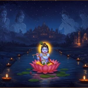 A serene nighttime scene in ancient Mathura, with a radiant baby Krishna floating on a lotus flower in the center of a tranquil river. The riversides are adorned with intricate Madhubani-style patterns and glowing diyas. In the background, a stylized cityscape of Dwarka rises, its golden spires reaching into a star-filled sky. Surrounding baby Krishna are ethereal, translucent images depicting key moments from his life: his flute-playing form, his battle with Kaliya, and his role as a charioteer. The entire scene is bathed in a soft, divine blue light, with shimmering golden accents. Art style combines traditional Indian motifs with modern digital illustration techniques, creating a dreamy, spiritual atmosphere. Rich, deep colors of peacock blue, saffron, and gold dominate the palette.