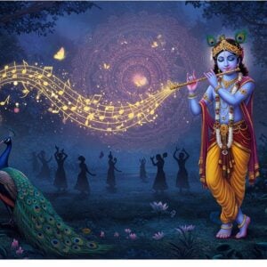 A mesmerizing scene of Lord Krishna, depicted as a young, handsome Indian man with blue skin, playing his divine flute. He stands gracefully in a lush, moonlit forest glade, surrounded by peacocks with iridescent feathers. His posture is serene, eyes closed in spiritual bliss. Golden musical notes and swirls of divine energy emanate from the flute, transforming into ethereal lotuses and butterflies. In the background, a large, glowing mandala hovers, its intricate patterns echoing the melody. Devotees, rendered as silhouettes, dance in ecstasy at the edge of the glade. The color palette combines deep blues, rich purples, and warm golds, with hints of soft pastels. The art style merges hyperrealistic digital painting with elements of traditional Madhubani and Pattachitra, featuring intricate details and patterns. Soft, ethereal lighting bathes the scene, emphasizing Krishna's divine aura and the magical atmosphere of his music.