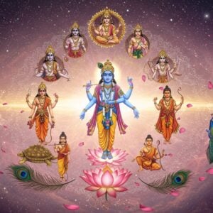 A majestic, ethereal scene depicting Krishna in his cosmic form at the center, radiating divine blue light. Surrounding him in a circular arrangement are his ten avatars, each emerging from a vibrant lotus flower. The avatars are rendered in a blend of traditional Indian art styles and modern digital aesthetics. Matsya as a golden fish, Kurma as a cosmic turtle, Varaha as a divine boar, Narasimha with a lion's head, Vamana as a small sage, Parashurama wielding an axe, Rama with his bow, Krishna playing his flute, Buddha in meditation, and Kalki on a white horse. The background features a swirling galaxy of stars and celestial bodies, with intricate mandala patterns in gold and saffron. Soft, glowing pastels of pink and blue create a dreamy atmosphere. The scene is framed by ornate peacock feathers and floating lotus petals. The overall composition creates a sense of spiritual evolution and cosmic balance, inviting viewers to explore the deep symbolism of the Dashavatara.