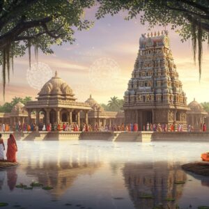 A majestic ancient Indian temple complex bathed in golden sunlight, its towering gopuram adorned with intricate carvings of Hindu deities and mythological scenes. In the foreground, a serene milk-white pond reflects the temple's image, symbolizing 'Ksheera' (milk). Devotees in colorful traditional attire circumambulate the temple, while a sadhu meditates near the water's edge. The scene is framed by lush banyan trees with hanging roots, adding to the mystical atmosphere. Soft, glowing mandalas float in the air, merging traditional symbolism with a surreal, ethereal quality. The art style blends hyper-realistic architectural details with dreamy, pastel-hued sky and ethereal lighting, creating a harmonious fusion of ancient grandeur and modern digital aesthetics.