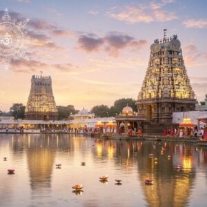 A serene, ethereal scene of the Ksheerarama Temple at twilight, bathed in soft golden light. The temple's intricate Dravidian architecture is highlighted, with ornate carvings and towering gopurams. In the foreground, a tranquil milk-white river flows, reflecting the temple's luminous glow. Devotees in colorful traditional attire perform rituals near the water's edge, offering milk in gleaming brass vessels. Floating lotus flowers and diyas dot the river's surface. The sky above is a gradient of pastel hues - soft pinks, lavenders, and golds - with wispy clouds. Glowing mandalas and subtle spiritual symbols are delicately woven into the scene. The overall atmosphere is one of peace, devotion, and timeless spirituality, blending traditional elements with a modern, dreamy aesthetic.