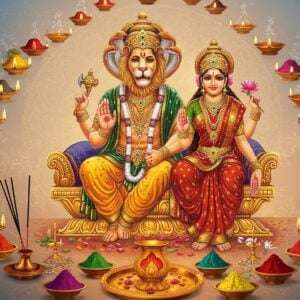 A vibrant, ethereal scene depicting Lord Narasimha and Goddess Lakshmi seated on a golden lotus throne. Lord Narasimha, with his lion head and human body, is adorned in regal attire with intricate patterns. Goddess Lakshmi, radiant in a red and gold saree, sits beside him. Around them, a mandala-like arrangement of puja items floats: flowers, fruits, ghee lamps, incense sticks, and colorful powders. The background features a soft gradient of saffron and blue, with delicate, glowing sacred geometry patterns. Streams of light emanate from the deities, illuminating the puja items. In the foreground, a stylized representation of a devotee's hands arranges flowers and lights in a traditional Indian puja thali. The overall style blends photorealistic elements with surreal, dream-like qualities, creating a modern yet spiritually rich aesthetic.