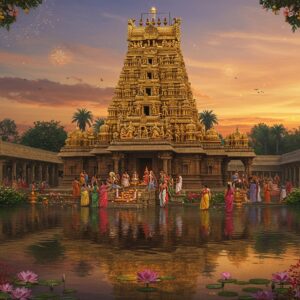 A majestic Lakshmi Narasimha Swamy temple with intricate Dravidian architecture, golden spires gleaming in the sunset. The foreground features a serene lotus pond reflecting the temple's grandeur. Devotees in colorful traditional attire offer prayers and perform rituals. A mystical aura surrounds the temple, with soft, glowing mandalas and ethereal light emanating from the main sanctum. The scene is framed by lush tropical foliage and blooming flowers in vibrant hues. The art style blends hyperrealistic details with surreal, spiritual elements, creating a captivating and inviting atmosphere. The color palette includes deep golds, rich maroons, and vibrant peacock blues, with hints of soft pastels in the sky.