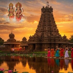 Prompt: A majestic Dravidian-style temple complex silhouetted against a vibrant sunset sky, with the main gopuram towering in intricate detail. The temple's reflection shimmers in a serene water body in the foreground. A group of devout pilgrims in colorful traditional Indian attire approach the temple, their faces illuminated by the warm glow of oil lamps they carry. The scene is framed by lush greenery and blooming lotus flowers. In the sky, celestial figures of Lakshmi and Narasimha are subtly depicted in cloud formations. The art style blends photorealistic architecture with ethereal, dreamlike elements, using a rich color palette of deep oranges, golds, and blues. Intricate Madhubani-inspired patterns adorn the temple's surfaces, while a soft, magical aura surrounds the entire scene, emphasizing its spiritual significance.