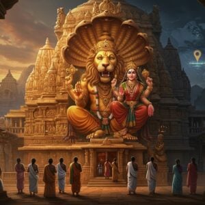 A majestic, lion-faced Narasimha avatar emerging from a golden pillar, with Goddess Lakshmi seated on his lap. The temple architecture blends traditional South Indian style with modern, sleek lines. Intricate carvings on temple walls depict scenes from Hindu mythology. A soft, ethereal glow surrounds the deities. In the foreground, a diverse group of Indian devotees in contemporary clothing offer prayers. The background shows a stylized map with glowing pins indicating temple locations. Rich colors of saffron, deep blue, and gold dominate. Incorporates elements of Madhubani and digital art, with mandala patterns subtly woven into the temple's design. The scene exudes a sense of divine power, cultural heritage, and modern accessibility.