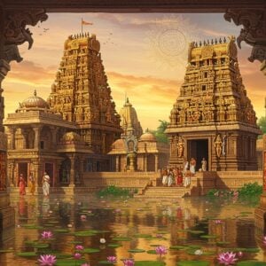 Prompt: A majestic Lakshmi Narasimha temple complex with intricate South Indian Dravidian architecture, golden spires glowing in the sunset. The main temple features a grand gopuram adorned with colorful sculptures of deities and mythical creatures. In the foreground, a serene water body reflects the temple's image, surrounded by blooming lotus flowers. A group of devotees in traditional Indian attire approach the temple, carrying offerings. The scene is framed by ancient stone pillars with intricate carvings of Narasimha and Lakshmi. Soft, ethereal light bathes the scene, creating a mystical atmosphere. In the background, a stylized mandala sun radiates golden light. The art style blends hyperrealistic details with a touch of surrealism, using a rich color palette of deep saffron, royal blue, and gold. Incorporate elements of Madhubani and Pattachitra in the decorative patterns on the temple walls and pillars.