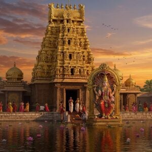 Prompt: A majestic Lakshmi Narasimha temple in South Indian Dravidian style, with intricate golden vimana towering against a vibrant sunset sky. The temple's facade adorned with ornate carvings of deities, mythical creatures, and geometric patterns. In the foreground, a serene water body reflects the temple's grandeur. Lord Narasimha's fierce avatar statue, half-lion half-man, sits prominently at the temple entrance, with Goddess Lakshmi by his side. Devotees in colorful traditional attire offer prayers and light oil lamps. The scene blends hyperrealism with ethereal elements - soft glowing auras around the deities and floating lotus flowers. Art style combines digital precision with the rich textures of Tanjore paintings, using a palette of deep maroons, royal blues, and burnished golds. Incorporate subtle Madhubani-inspired patterns in the sky and water.