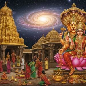 Prompt: A majestic Lakshmi Narasimha temple with intricate Dravidian architecture, golden spires gleaming in the soft dawn light. In the foreground, a stylized half-lion half-man figure of Lord Narasimha, emanating a divine aura, stands protectively. Beside him, Goddess Lakshmi sits on a lotus, showering golden coins. The scene is set against a backdrop of a cosmic mandala with swirling galaxies and stars. Devotees in colorful traditional Indian attire offer prayers and perform rituals. Ethereal light beams illuminate the temple, creating a mystical atmosphere. The art style blends photorealistic details with surreal elements, using a rich color palette of deep blues, vibrant golds, and warm oranges. Intricate patterns inspired by Madhubani and Pattachitra art adorn the temple walls and devotees' clothing.