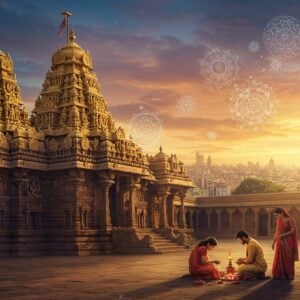 A majestic Lakshmi Narasimha temple with intricate Dravidian architecture, golden spires gleaming in the sunset. In the foreground, a young Indian couple in modern attire (jeans, kurta) perform a traditional puja. The temple courtyard seamlessly blends ancient stone structures with sleek glass and steel elements. Soft, ethereal light bathes the scene, creating a luminous aura. Stylized lotus motifs and mandalas float in the air, merging traditional symbolism with digital art effects. The background features a bustling cityscape, symbolizing modernity. Rich colors of saffron, deep blue, and gold dominate, with hints of pastel pinks and purples in the sky. The overall style combines hyperrealistic details with surreal, dreamlike qualities, emphasizing the fusion of past and present.