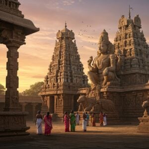 A majestic Lepakshi Temple complex bathed in golden sunset light, showcasing its intricate Vijayanagara architecture. The iconic hanging pillar stands prominently in the foreground, defying gravity. The temple's ornate gopuram rises against a pastel sky, adorned with vibrant frescoes and sculptures of Hindu deities. A large, awe-inspiring statue of Veerabhadra dominates the scene, surrounded by detailed stone carvings of mythological stories. In the courtyard, a group of Indian visitors in colorful traditional attire admire the architectural wonders. The famous Nandi bull sculpture is visible in the background. Soft, ethereal light illuminates the intricate details, creating a serene and mystical atmosphere. The art style blends hyperrealism with elements of traditional Indian art, featuring rich, deep colors like saffron, maroon, and peacock blue, with patterns inspired by Madhubani and Pattachitra. Glowing mandalas and lotus motifs subtly adorn the edges of the scene, enhancing the spiritual ambiance.