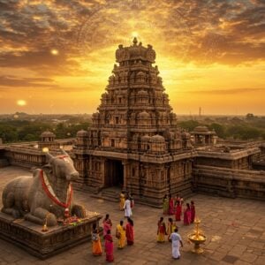 A majestic aerial view of Lepakshi Temple at sunset, its intricate Vijayanagara architecture glowing in warm golden light. The iconic granite Nandi statue in the foreground, adorned with vibrant flower garlands. A group of Indian tourists in colorful traditional attire exploring the temple complex. The sky above filled with ethereal, swirling patterns reminiscent of ancient Indian mandalas. In the distance, lush green landscapes of Andhra Pradesh. The scene seamlessly blends photorealistic details with dreamy, surreal elements. Soft, glowing orbs of light float around the temple, symbolizing its spiritual significance. The color palette focuses on deep oranges, rich golds, and serene blues. Intricate Madhubani-style patterns subtly overlay the entire image, adding a layer of cultural depth.