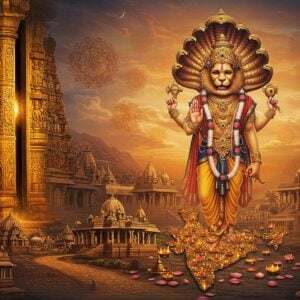 Prompt: A majestic, ethereal scene depicting Lord Narasimha emerging from a golden pillar, his form half-man, half-lion, adorned with intricate jewelry and a radiant crown. The background showcases a collage of diverse Indian temple architecture styles, from the ornate Dravidian gopurams of South India to the nagara-style shikhara of North India. Soft, glowing mandalas float in the sky, casting a divine light. In the foreground, a stylized map of India formed by lotus petals, with tiny, glowing points representing Narasimha temples across the country. The color palette includes deep saffron, royal blue, and burnished gold, with accents of peacock green. The art style blends hyperrealism with surreal, dreamlike elements, incorporating both traditional Indian motifs and modern digital techniques. A subtle path of light winds through the scene, symbolizing the spiritual journey across India.