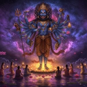 A majestic, towering figure of Mahabhairav, with eight arms and a fierce expression, stands at the center of a cosmic mandala. His skin is deep blue, adorned with intricate golden patterns. In his hands, he holds a damaru (drum), trishul (trident), kapala (skull cup), and other symbolic items. His third eye glows with intense energy. Surrounding him are swirling clouds of cosmic dust in deep purples and blues, interspersed with glowing stars. At his feet, devotees offer flowers and light oil lamps. The scene is set in a surreal, ethereal landscape with floating lotus flowers and shimmering water reflections. The art style blends traditional Madhubani patterns with modern digital techniques, creating a vibrant and captivating image. Soft, golden light emanates from Mahabhairav, symbolizing his divine power and significance.