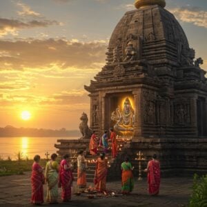 A majestic ancient stone temple with intricate carvings, resembling the Mahabhairav Temple in Tezpur, stands prominently in the foreground. The temple's spire is adorned with ornate details and a golden kalash at the top. In front of the temple, a group of devotees in colorful traditional Assamese attire perform rituals, offering flowers and lighting diyas. The powerful figure of Lord Shiva as Mahabhairav, with multiple arms holding various spiritual symbols, is visible through the temple entrance, emanating a soft, divine glow. The surrounding landscape features lush greenery and the Brahmaputra River in the background, with the sun setting, casting a warm, golden light across the scene. Mythical creatures from Hindu legends are subtly carved into the temple walls. The overall atmosphere blends the ancient with the contemporary, portraying a sense of timeless devotion and cultural richness. The art style combines hyperrealistic details with ethereal lighting, creating a captivating and spiritually charged ambiance.