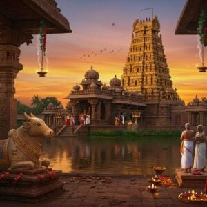 A majestic South Indian temple with intricate Dravidian architecture, its golden gopuram rising against a vibrant sunset sky. The temple is surrounded by lush greenery and a serene lake reflecting its image. In the foreground, a beautifully adorned stone Nandi statue faces the temple entrance. Devotees in colorful traditional attire are seen offering prayers and carrying flower garlands. The scene is illuminated by warm, glowing oil lamps and the soft light of dusk. Ethereal wisps of incense smoke curl around the temple pillars, creating a mystical atmosphere. The art style blends hyperrealistic details with elements of Madhubani and Pattachitra, featuring rich colors like deep maroon, saffron, and peacock blue. Intricate mandala patterns and lotus motifs adorn the temple walls, shimmering with a subtle golden sheen. The overall image exudes a sense of timeless spirituality and cultural heritage.