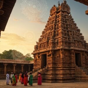 A majestic, intricately carved Mallikarjuna Temple in Pattadakal, illuminated by golden sunlight. The temple's ornate shikhara towers above, adorned with detailed sculptures of deities and mythological scenes. In the foreground, a group of colorfully dressed Indian tourists admire the structure. The scene is framed by lush greenery and ancient stone pillars. Soft, glowing mandalas float in the air, adding a mystical atmosphere. The art style blends hyper-realistic architectural details with ethereal, dreamlike elements. Rich, deep colors of saffron, maroon, and peacock blue dominate, with hints of gold accents. The overall composition creates a sense of wonder and spiritual significance.