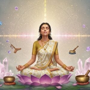 A serene Indian woman in a flowing white and gold sari, eyes closed in meditation, seated in lotus position on a tranquil lotus flower. Emanating from her mouth are visible, colorful sound waves in shades of soft blue, pale pink, and warm gold. These waves ripple outwards, transforming into glowing Sanskrit mantras that float in the air. The background features a large, ethereal mandala radiating soft light. Surrounding the woman are floating crystals and singing bowls, subtly vibrating with energy. Soft, misty light bathes the scene, creating a dreamy atmosphere. The art style blends traditional Indian Madhubani patterns with modern digital techniques, emphasizing intricate details and a surreal, spiritual ambiance.