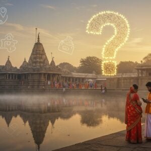 Prompt: A serene, ethereal landscape of Mantralayam temple complex at dawn, bathed in soft golden light. The majestic Tungabhadra River flows peacefully in the foreground, reflecting the temple's intricate architecture. In the center, a large, ornate question mark made of glowing, translucent lotus petals hovers above the temple, symbolizing frequently asked questions. Pilgrims in colorful traditional Indian attire are seen entering the temple, while a young couple consults a smartphone, representing modern travel planning. Surrounding the scene are subtle, ghostly outlines of Indian cultural symbols like a map, clock, and camera, hinting at travel tips. The art style blends hyperrealistic digital painting with elements of Madhubani and Pattachitra, featuring rich, deep colors like saffron, maroon, and peacock blue. Intricate patterns and motifs adorn the temple architecture and pilgrims' clothing. The overall atmosphere is tranquil and inviting, with a soft mist adding to the spiritual ambiance.