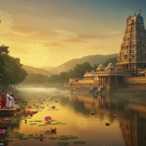 A serene panoramic view of Mantralayam at dawn, with the majestic Raghavendra Swamy Temple illuminated by soft golden light. The temple's ornate gopuram rises above, adorned with intricate Dravidian architecture and colorful sculptures. In the foreground, a group of diverse Indian pilgrims in traditional attire walk along a path lined with ancient banyan trees. The Tungabhadra River flows peacefully nearby, its surface reflecting the warm hues of the sky. Floating lotus flowers and diyas dot the river. In the distance, rolling hills and lush greenery frame the scene. Ethereal, glowing mandalas hover in the air, symbolizing the spiritual energy of the place. The art style blends hyper-realistic details with dreamy, surreal elements, using a palette of deep saffron, peaceful blue, and warm gold. Soft mist adds an air of mystery and transcendence to the landscape.