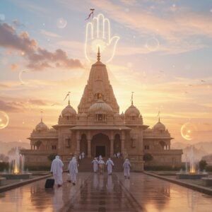 A serene, ethereal scene of Mantralayam temple complex at sunrise, bathed in soft golden light. In the foreground, a stylized, modern Indian hotel facade with traditional architectural elements. Lotus-shaped fountains and intricate mandala patterns adorn the entrance. Ghostly silhouettes of pilgrims with luggage walk towards the hotel. The sky features pastel pinks and blues with wispy clouds forming the subtle shape of a divine hand blessing the scene. Glowing orbs of light float around, symbolizing spiritual energy. The art style blends photorealistic architecture with dreamy, surreal elements, using a palette of deep saffron, peacock blue, and gold. Reflective pools near the hotel mirror the temple and sky, creating a sense of harmony and tranquility.