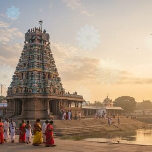 A serene, ethereal scene of Mantralayam temple complex at dawn, bathed in soft golden light. The majestic gopuram of Sri Raghavendra Swamy Temple rises prominently, adorned with intricate Dravidian architecture and colorful sculptures. In the foreground, a diverse group of Indian pilgrims in traditional attire walk towards the temple, their faces reflecting peace and anticipation. Floating above the scene are translucent, glowing mandalas and lotus flowers, symbolizing spiritual energy. The Tungabhadra River flows gently in the background, with steps leading down to its banks. Soft, pastel-colored clouds frame the sky, creating a dreamlike atmosphere. The overall composition blends photorealistic elements with surreal, spiritual touches, emphasizing the magical allure of the pilgrimage site.