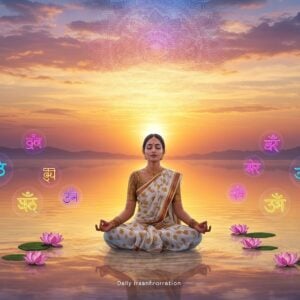 A serene Indian woman in a flowing white and gold sari, sitting in lotus position on a tranquil lake surface reflecting a golden sunrise. Her eyes are closed in meditation, hands in mudra position. Surrounding her are vibrant, glowing Sanskrit mantras floating in the air, each emitting a soft, colorful aura. The mantras form a protective circle around her. In the background, a large, ethereal mandala hovers, its intricate patterns pulsating with gentle light. Lotus flowers in pastel hues float on the water's surface. The sky is a gradient of soft pinks and blues, with wispy clouds. Rays of golden light shine down, creating a divine atmosphere. The overall scene blends traditional Madhubani art style with modern digital aesthetics, emphasizing rich colors like saffron, maroon, and peacock blue. The image should convey a sense of inner peace, spiritual power, and daily transformation.