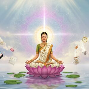 Prompt: A serene Indian woman in a flowing white and gold sari, seated in lotus position on a tranquil lotus flower floating on calm, reflective water. Her eyes are closed, hands in mudra, with a soft golden aura surrounding her. The background features a large, ethereal mandala in pastel hues of pink, blue, and lavender, gently pulsating with spiritual energy. Swirling patterns of light represent mindfulness and inner peace, while small, everyday objects (smartphone, clock, tea cup) float weightlessly around her, symbolizing the integration of spirituality into daily life. Soft beams of sunlight filter through wispy clouds, creating a dreamy atmosphere. The art style blends traditional Madhubani patterns with modern digital techniques, using a palette of soft golds, blues, and pinks. The overall image exudes tranquility, balance, and spiritual growth.