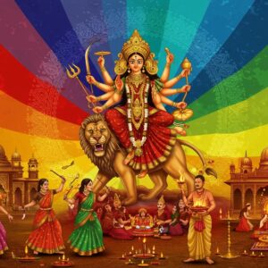 A majestic, golden statue of Goddess Durga with ten arms, each holding traditional weapons, riding a lion, emerging from a swirling mandala of nine vibrant colors (red, royal blue, yellow, green, grey, orange, white, peacock blue, and pink). The background transitions through these nine colors, creating a mesmerizing rainbow effect. In the foreground, a group of Indian women in colorful sarees perform the traditional Dandiya dance, their sticks creating intricate patterns. To one side, a beautifully decorated Durga Puja pandal with ornate architecture and glowing lights. On the other side, a priest performs an elaborate puja with smoking incense and a golden aarti thali. Floating lotuses and diyas surround the scene, creating a spiritual atmosphere. The art style blends traditional Madhubani patterns with modern digital illustration techniques, featuring rich, deep colors and intricate detailing. The overall composition is dynamic and eye-catching, with a perfect balance of traditional elements and contemporary aesthetics.