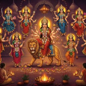 A majestic scene depicting the nine forms of Goddess Durga arranged in a circular mandala. Each form is intricately detailed, adorned with vibrant traditional Indian attire and jewels. The central figure is Goddess Durga riding a lion, radiating golden light. Surrounding her are the other eight forms, each holding their signature weapons and seated on their respective vahanas. The background features a grand temple structure with ornate pillars and domes. Floating diyas, colorful rangoli patterns, and swirling flower petals fill the air. The color palette is rich with deep reds, royal purples, and shimmering golds. The art style blends traditional Madhubani patterns with modern digital techniques, creating a harmonious fusion of ancient and contemporary aesthetics. Soft, glowing auras surround each goddess, emphasizing their divine nature. In the foreground, devotees are shown performing puja with elaborate thalis. The overall composition creates a sense of spiritual energy, celebration, and reverence, capturing the essence of Navratri festivities.