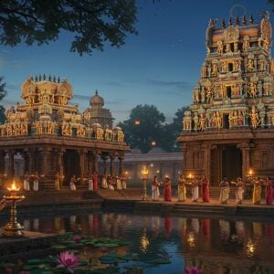 A majestic South Indian temple complex with ornate golden gopuram, illuminated against a deep blue twilight sky. In the foreground, a serene lotus pond reflects the temple's lights. A group of devotees in colorful traditional attire perform aarti, holding gleaming brass lamps. The temple's intricate stone carvings depict scenes from Hindu mythology, with particular focus on Goddess Padmavathi. Soft glowing lanterns hang from trees surrounding the temple, creating a mystical atmosphere. The scene blends Dravidian architecture with modern lighting techniques, creating a captivating and inviting ambiance. Art style combines hyperrealistic digital painting with elements of traditional Tanjore art, emphasizing rich colors and intricate details.