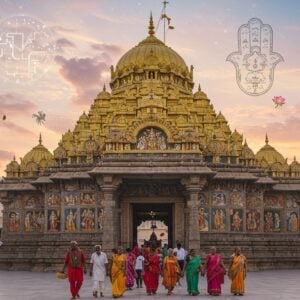 A majestic golden-domed Padmavathi Temple illuminated by soft, ethereal light at dawn. In the foreground, a diverse group of Indian devotees in colorful traditional attire approaches the ornate entrance, their faces radiating anticipation and reverence. Intricate Madhubani-style patterns adorn the temple walls, depicting scenes from Hindu mythology. Floating lotus flowers and glowing mandalas frame the scene, creating a surreal, spiritual atmosphere. The sky is a blend of pastel pinks and blues, with wispy clouds forming the shape of a divine blessing hand. A subtle, translucent overlay of a temple floor plan and a clock face hints at the guide aspect without using text. The overall style merges hyperrealism with elements of traditional Indian art, resulting in a visually stunning and inviting image that captures the essence of a spiritual journey.