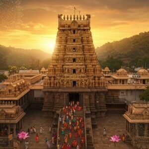 A majestic aerial view of Padmavathi Temple in Tirupati at golden hour, its ornate Dravidian architecture gleaming in the warm light. The temple's golden vimana towers above, surrounded by intricately carved gopurams. In the foreground, a diverse group of Indian pilgrims in colorful traditional attire ascend the temple steps. The scene is framed by lush green hills and a vibrant orange sky. Floating translucent mandalas and lotus flowers overlay the image, giving it a mystical atmosphere. The art style blends hyperrealistic digital painting with elements of traditional Indian art, featuring rich colors like deep maroon, saffron, and peacock blue. Soft, glowing lights accentuate the temple's spiritual aura.