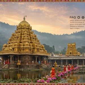 A majestic, golden-domed Padmavathi Temple gleaming in the soft light of dawn, set against a backdrop of misty Tirumala hills. In the foreground, a serene lotus pond reflects the temple's ornate architecture. Devotees in colorful traditional Indian attire walk along a flower-adorned path leading to the temple entrance. Intricate Madhubani-style patterns frame the scene, incorporating motifs of peacocks, lotuses, and divine symbols. Ethereal, glowing mandalas float in the sky, casting a spiritual aura. The color palette features rich golds, deep maroons, and vibrant peacock blues, balanced with soft pastels. A subtle, translucent overlay of FAQ icons and a stylized map adds a modern touch without overshadowing the spiritual essence. The overall image blends photorealistic elements with surreal, digital art techniques, creating an inviting and mystical atmosphere that draws the viewer into the sacred world of the Padmavathi Temple.